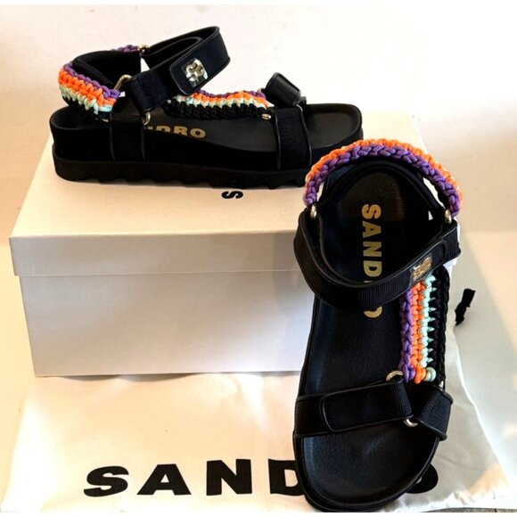 Sandro Shell And Crochet Neon Knit Braided Noir Sandals Platform Size 5.5 NIB - Picture 12 of 13